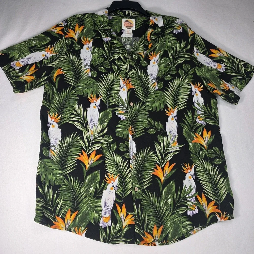 C&C‎ California Men's Casual Tropical Hawaiian Cockatoo Shirt 100% Rayon Sz L